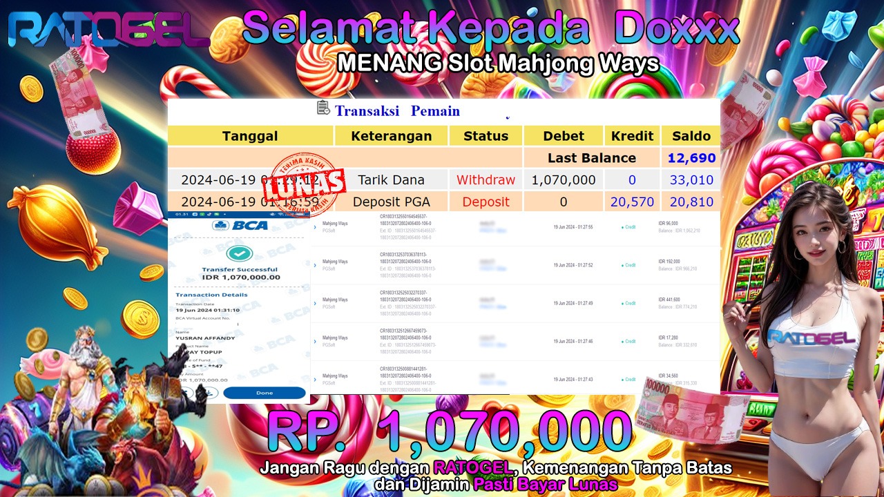 BUKTI JACKPOT SLOT MAHJONG WAYS TERPERCAYA DI INDONESIA TGL 19-06-2024