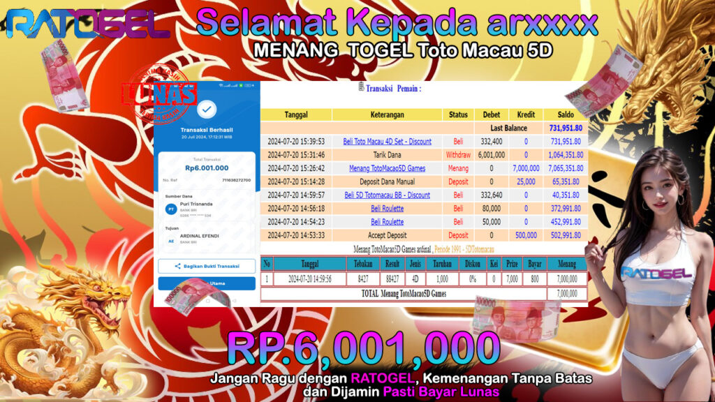 BUKTI JACKPOT TOGEL ONLINE TOTO MACAU 5D TERPERCAYA DI INDONESIA TGL 20-07-2024