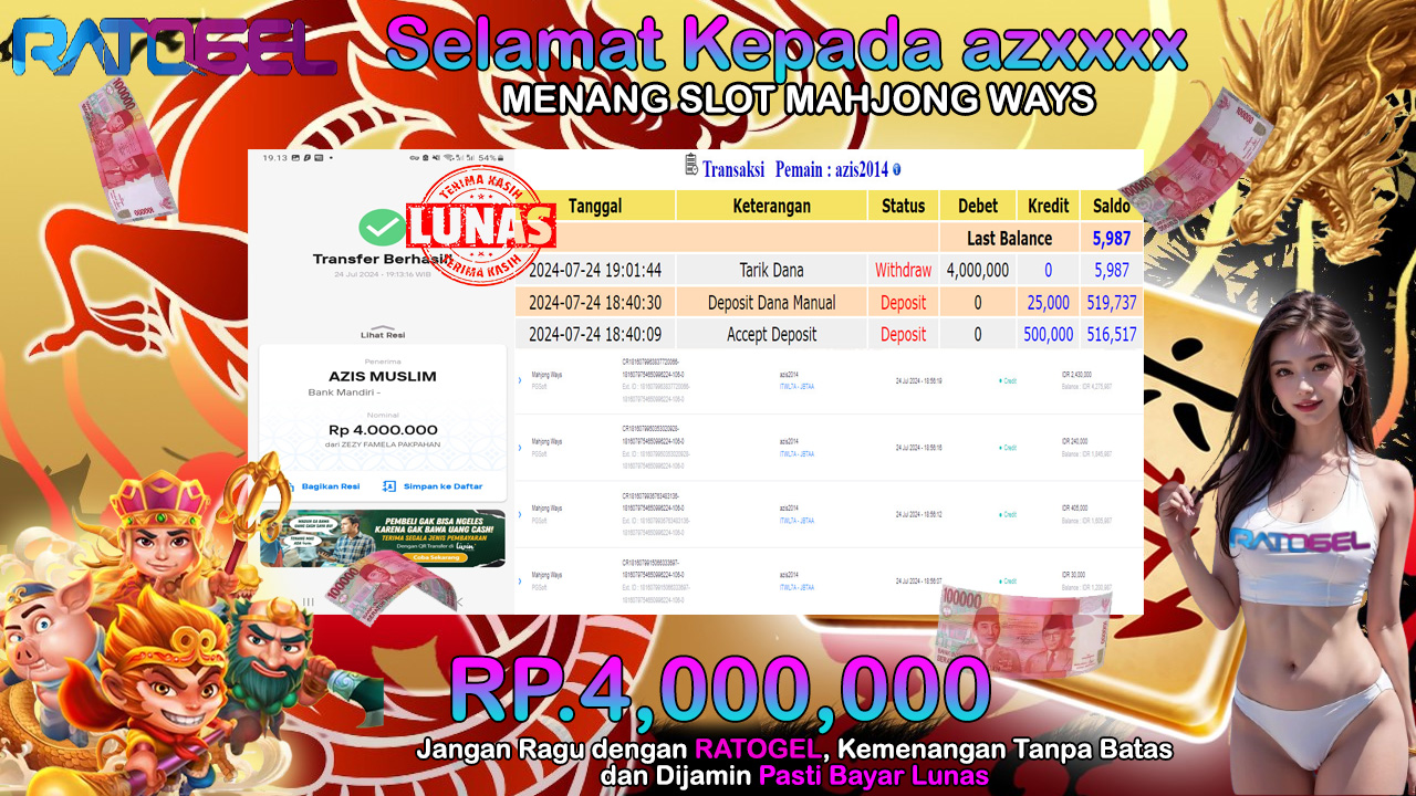 BUKTI JACKPOT SLOT MAHJONG WAYS TERPERCAYA DI INDONESIA TGL 24-07-2024