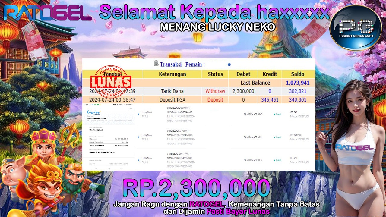 BUKTI JACKPOT SLOT LUCKY NEKO TERPERCAYA DI INDONESIA TGL 24-07-2024